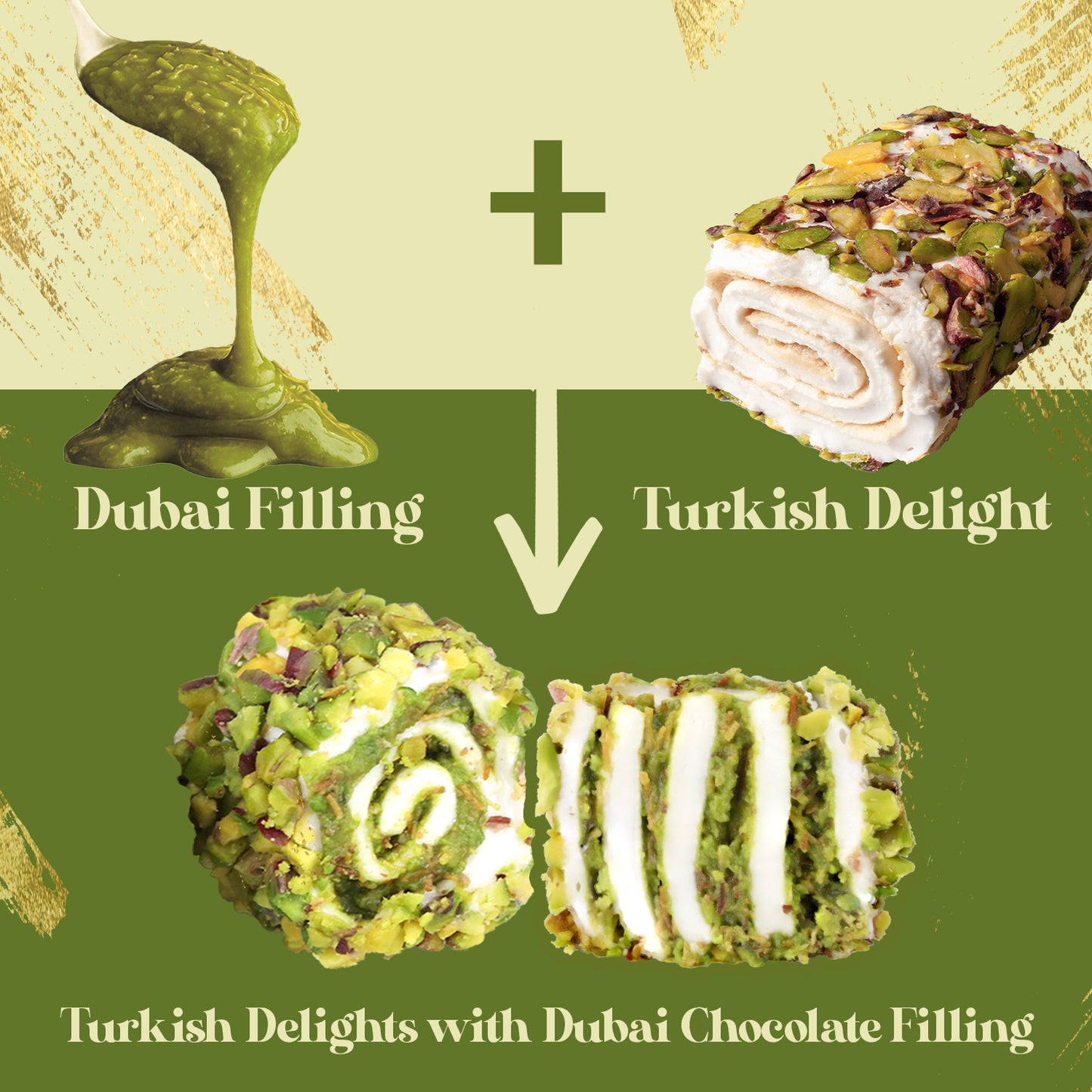 A Dubai Chocolate Filling is poured over a slice of Turkish Delight roll. Two pieces with pistachio coating and green swirls are labeled “Ceres Gourmet Turkish Delight with Dubai Chocolate Filling – 17.6 oz.”.