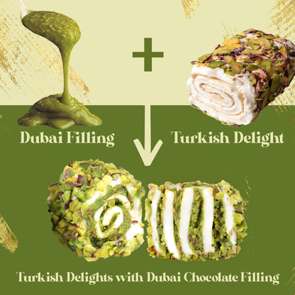 A Dubai Chocolate Filling is poured over a slice of Turkish Delight roll. Two pieces with pistachio coating and green swirls are labeled “Ceres Gourmet Turkish Delight with Dubai Chocolate Filling – 17.6 oz.”.