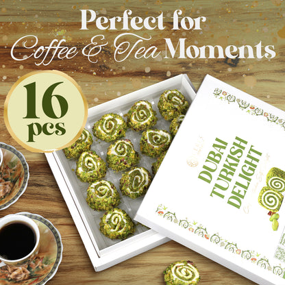 A box of Ceres Gourmet Turkish Delight with Dubai Chocolate Filling – 17.6 oz (16 pcs) sits open on a wooden table beside coffee and tea. Text reads: Perfect for Coffee & Tea Moments – 16 pcs.