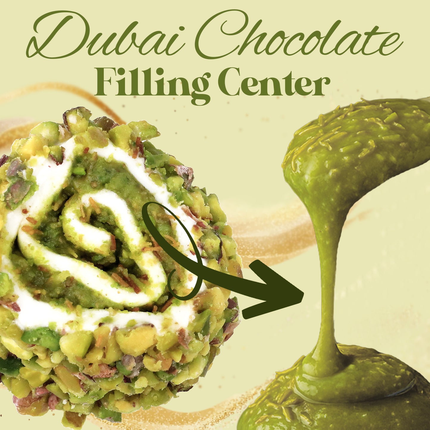 On the left, a swirl of chocolate and cream with pistachio coating; on the right, creamy green Dubai chocolate filling being poured. Text: Ceres Gourmet Turkish Delight with Dubai Chocolate Filling – 17.6 oz.