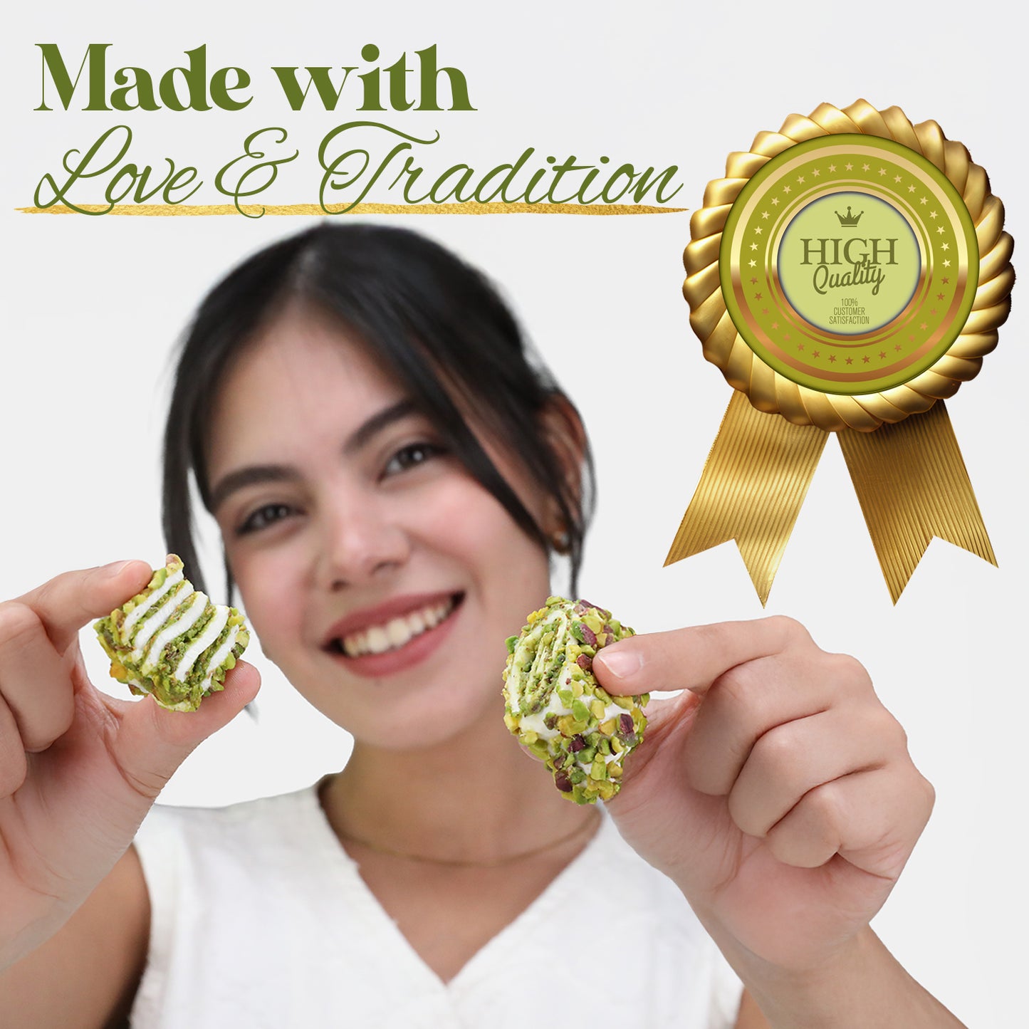 A smiling woman in white holds two Turkish Delights with Dubai Chocolate Filling by Ceres Gourmet (17.6 oz). Text: “Made with Love & Tradition.” A gold ribbon badge reading “High Quality” appears in the top right corner.