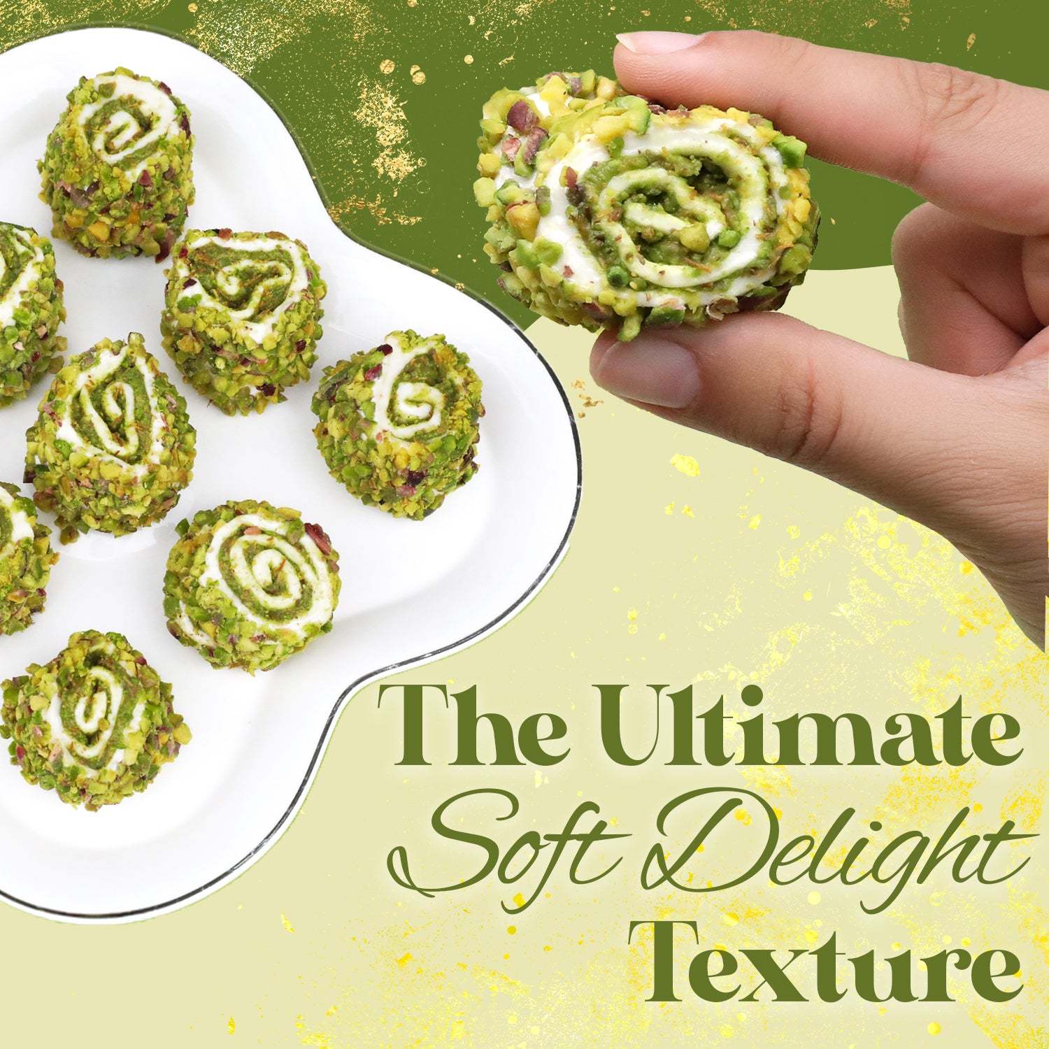 A hand holds a piece of Ceres Gourmet Turkish Delight with Dubai Chocolate Filling, featuring a creamy spiral center and pistachio coating. More treats sit on a white plate near the text: The Ultimate Soft Delight Texture. 17.6 oz pack shown.