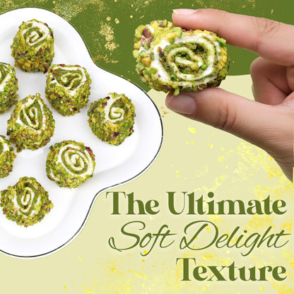 A hand holds a piece of Ceres Gourmet Turkish Delight with Dubai Chocolate Filling, featuring a creamy spiral center and pistachio coating. More treats sit on a white plate near the text: The Ultimate Soft Delight Texture. 17.6 oz pack shown.