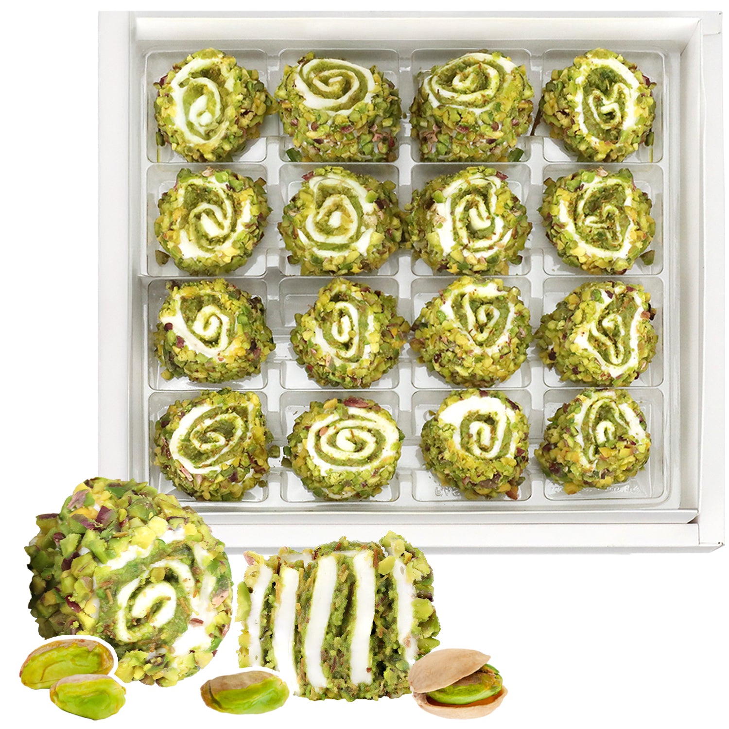 Ceres Gourmet Turkish Delight with Dubai Chocolate Filling – 17.6 oz: Sixteen pistachio-coated sweets in a box, topped with white swirls; two outside the box, one sliced to show creamy white layers and rich Dubai chocolate inside.