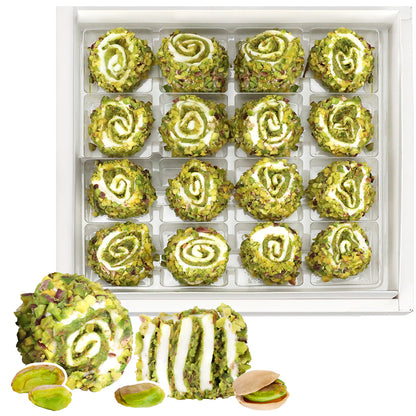 Ceres Gourmet Turkish Delight with Dubai Chocolate Filling – 17.6 oz: Sixteen pistachio-coated sweets in a box, topped with white swirls; two outside the box, one sliced to show creamy white layers and rich Dubai chocolate inside.