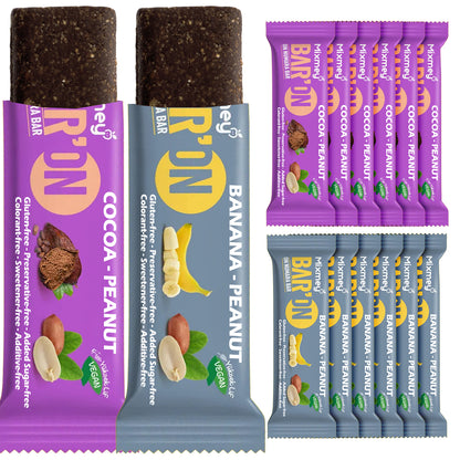 Ceres Gourmet Vegan Protein Bars 12-Pack (35g/2.5g protein each) in Cocoa Peanut (purple) and Banana Peanut (yellow), shown unwrapped and packaged—delicious, gluten-free, low sugar, and free from additives or sweeteners.