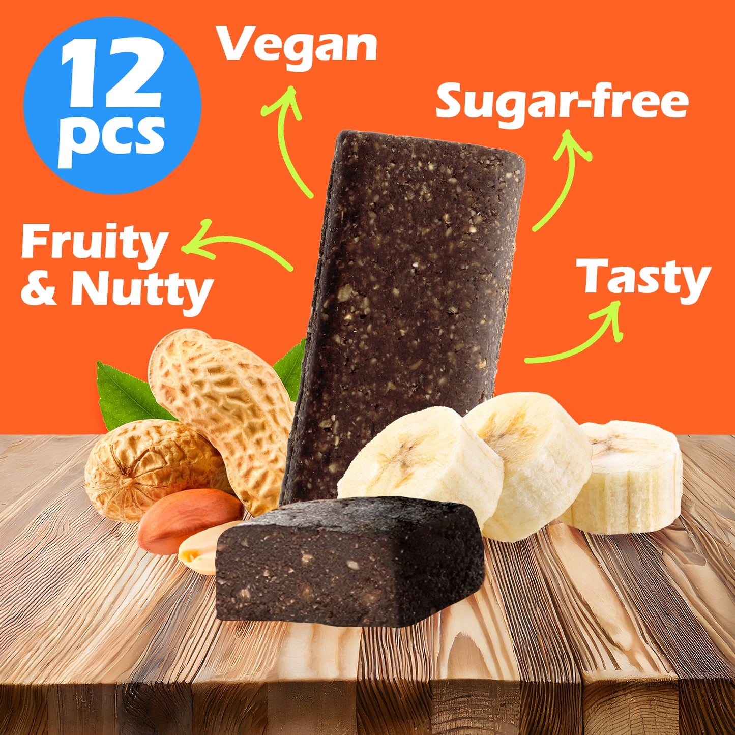 A Ceres Gourmet Vegan Protein Bar is displayed with peanuts, banana slices, and leaves. Orange text highlights: 12-Pack, Vegan, Gluten-free, Low Sugar, Fruity & Nutty Flavor, 2.5g Protein Each.