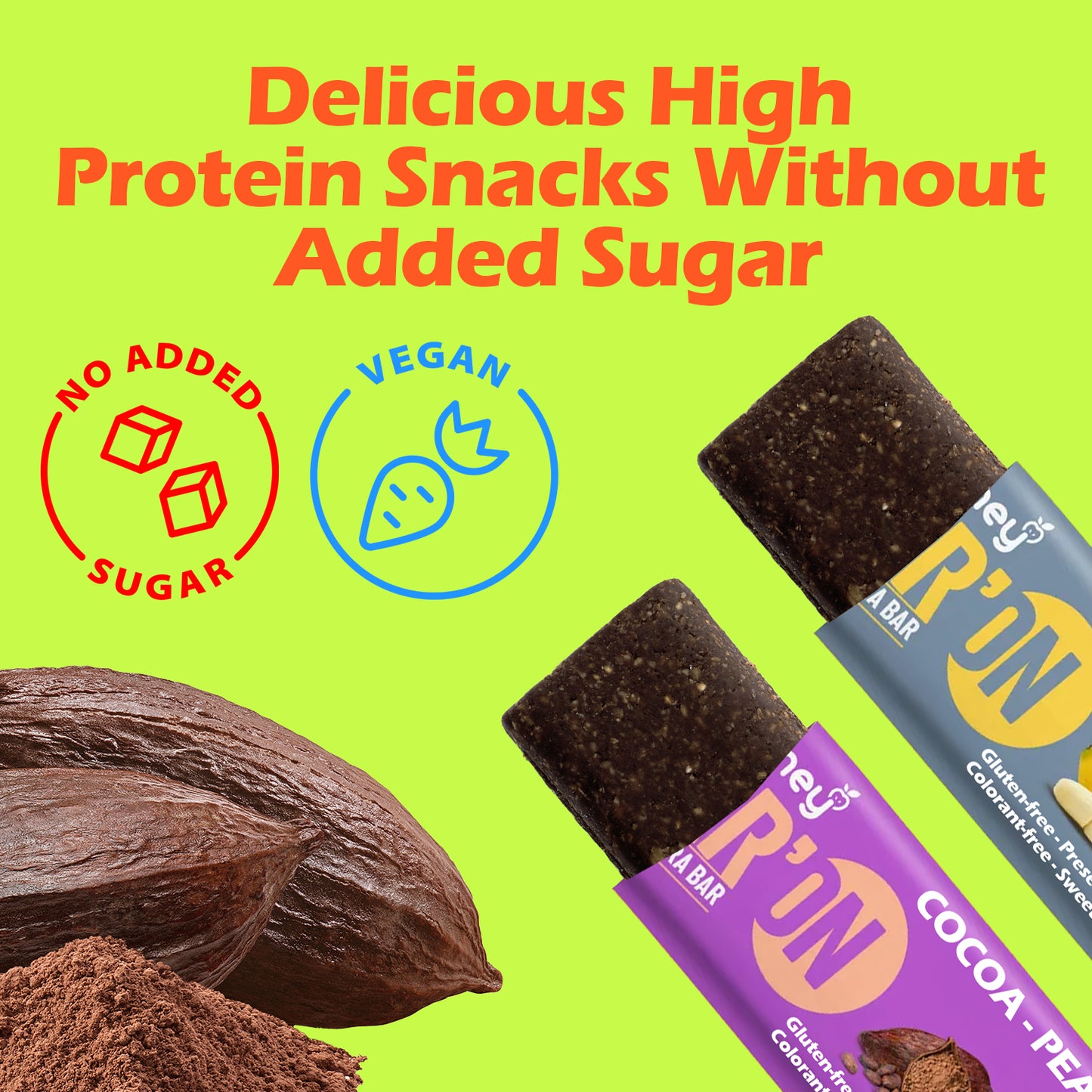Ceres Gourmet’s Vegan Protein Bars 12-Pack (35g, 2.5g protein each) in chocolate and peanut flavors are shown on a yellow background with “Delicious High Protein Snacks Without Added Sugar.” Gluten-free and vegan icons appear.