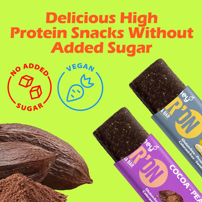 Ceres Gourmet’s Vegan Protein Bars 12-Pack (35g, 2.5g protein each) in chocolate and peanut flavors are shown on a yellow background with “Delicious High Protein Snacks Without Added Sugar.” Gluten-free and vegan icons appear.