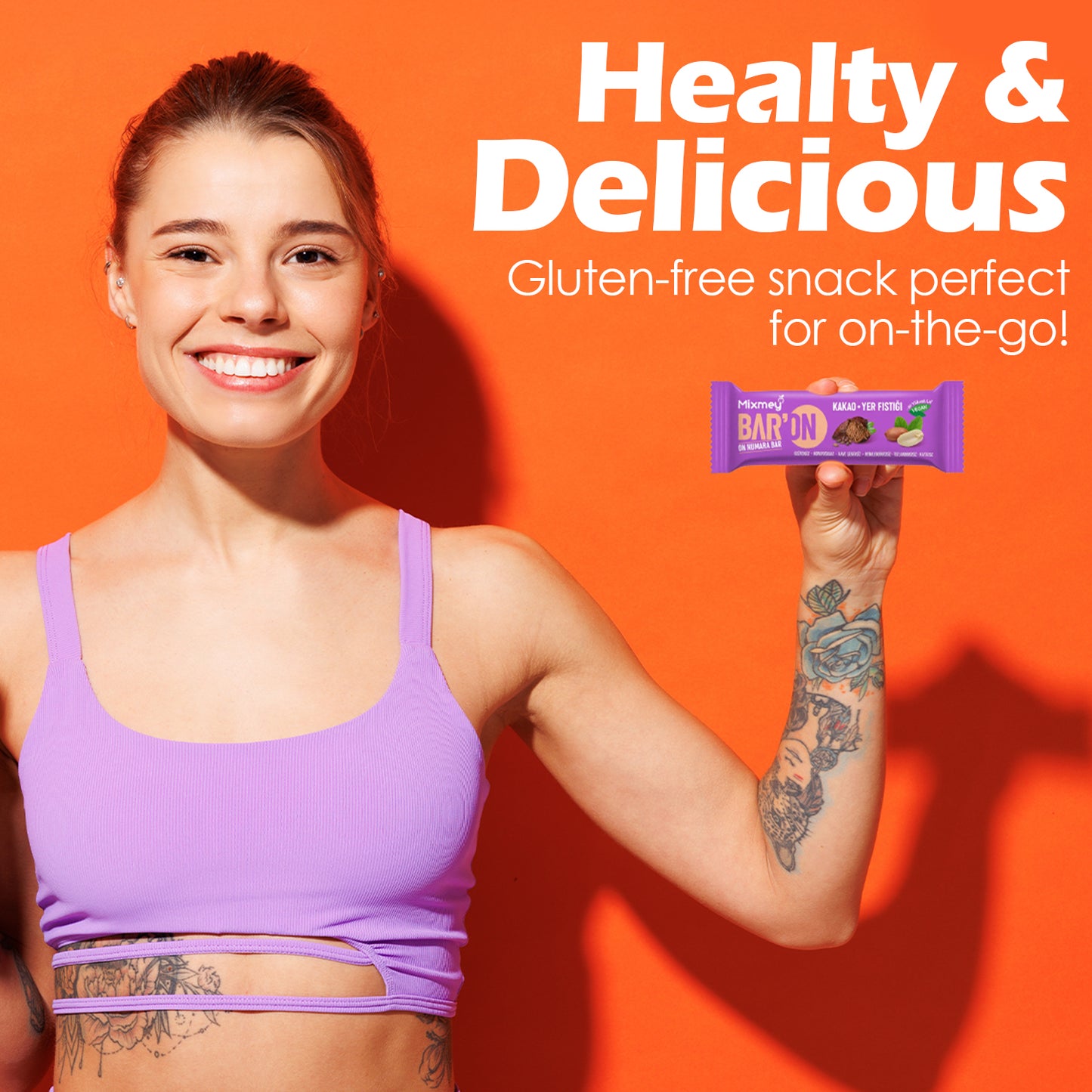 Smiling woman in a purple sports bra holds up Ceres Gourmet Vegan Protein Bars (12-Pack, 2.5g protein each) against an orange background. Text: “Healthy & Delicious. Low sugar, gluten-free, perfect for on-the-go!”.