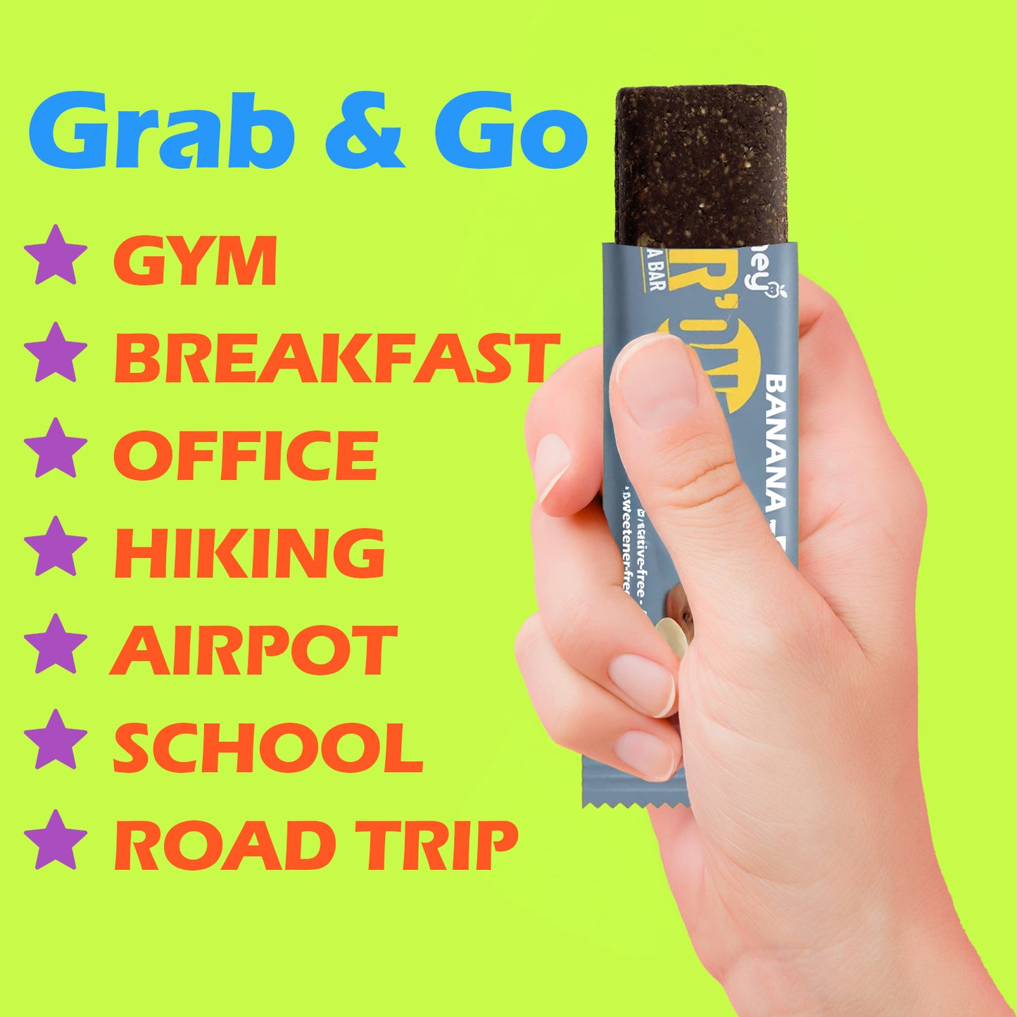 A hand holds a Ceres Gourmet Vegan Protein Bar (12-Pack, 35g, 2.5g protein each), banana-flavored and low sugar, with uses: Gym, Breakfast, Office, Hiking, Airport, School & Road Trip. Grab & Go on a bright green background.