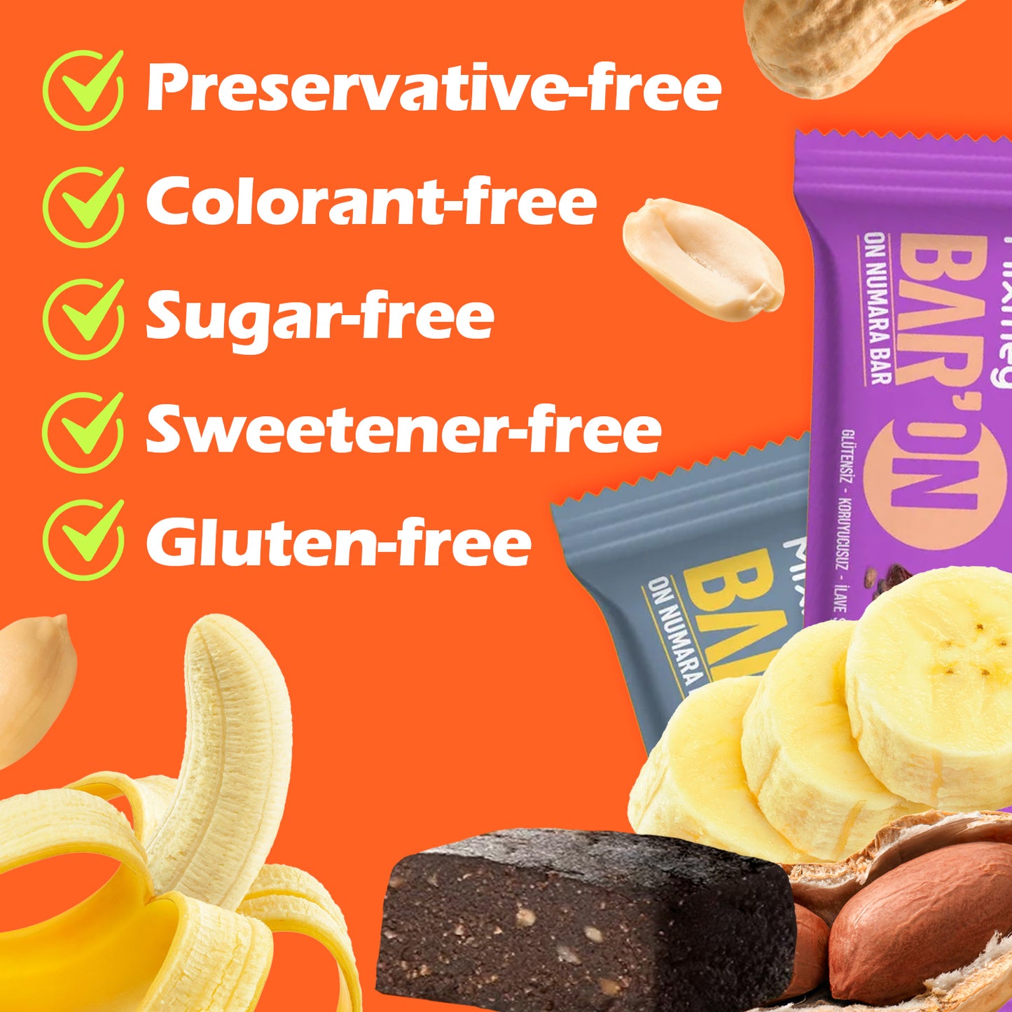 Ceres Gourmet Vegan Protein Bars 12-Pack (35g/2.5g protein each) shown with banana slices and peanuts. Features: low sugar, gluten-free, vegan, preservative-free, colorant-free, sugar-free, and sweetener-free—green checkmarks displayed.
