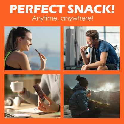 Four photos show people enjoying Ceres Gourmet Vegan Protein Bars 12-Pack (35g, 2.5g protein each): by a window, at the gym, with coffee, and outdoors. Text: Perfect Snack! Gluten-free, low sugar—enjoy anytime, anywhere!.