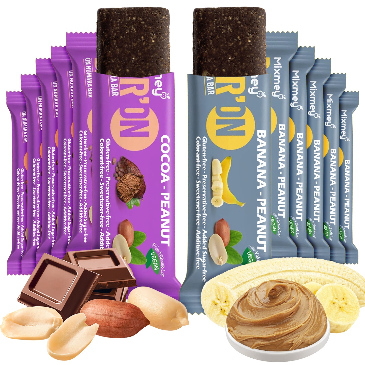 Ceres Gourmet Vegan Protein Bars 12-Pack (35g/2.5g protein each) are shown in purple and yellow Cocoa • Peanut and Banana • Peanut wrappers, with chocolate, peanuts, banana slices, and peanut butter swirl displayed in front.