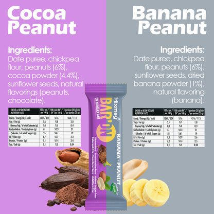 Split image shows Ceres Gourmet Vegan Protein Bars 12-Pack: Cocoa Peanut (left, cocoa, peanuts, dates) and Banana Peanut (right, banana slices, peanuts, dates). Packaging displays ingredients, nutrition facts, and snack bars. Gluten-free & low sugar.