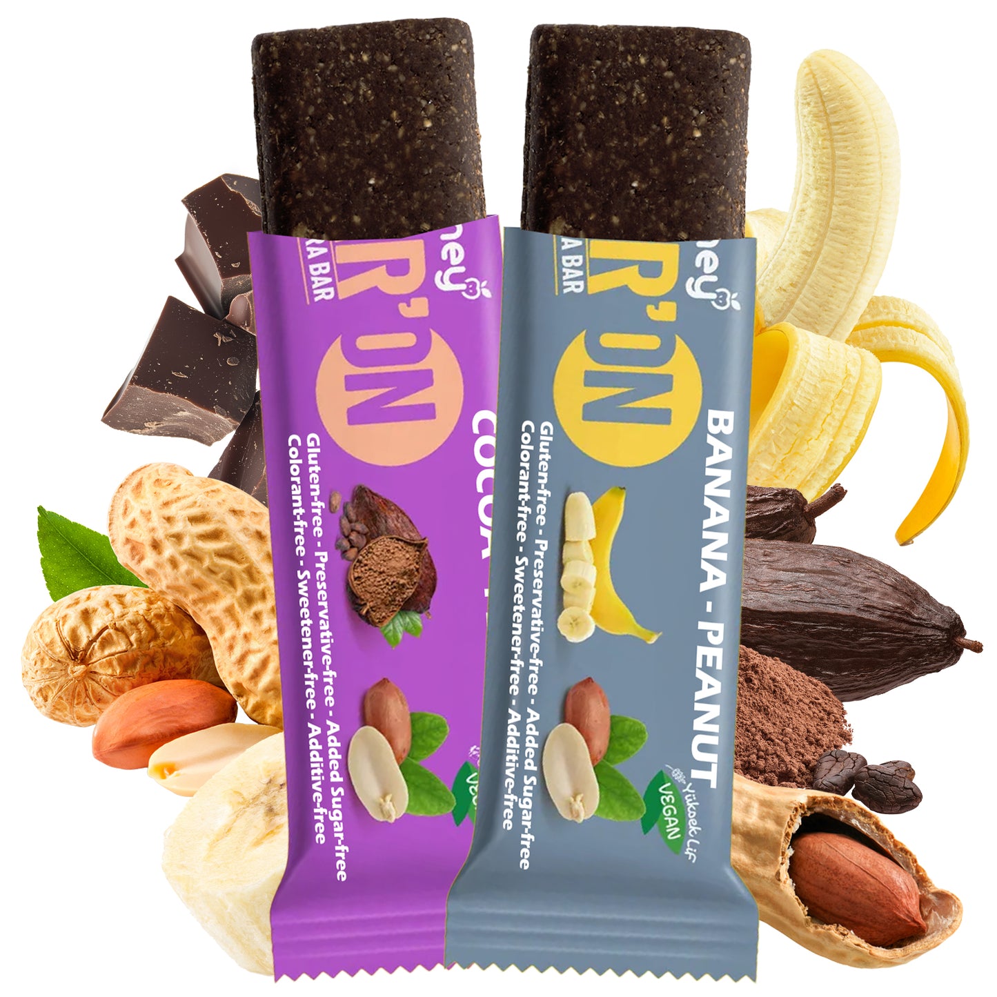 Two Ceres Gourmet Vegan Protein Bars (cocoa and banana-peanut) from the 12-Pack are unwrapped with dark chocolate, bananas, peanuts, almonds, and cardamom. These low sugar bars have 2.5g protein each and are labeled vegan and gluten-free.