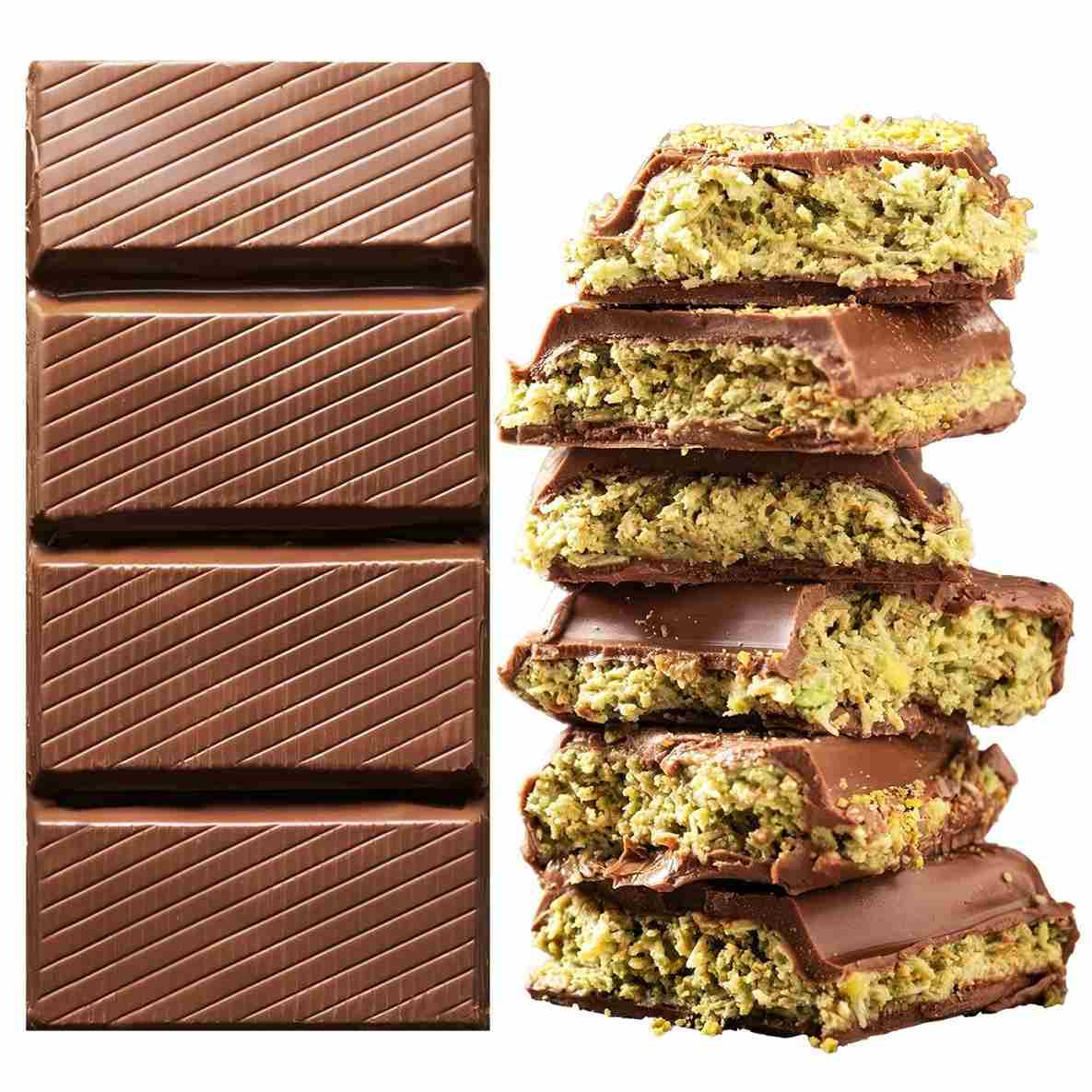 On the left is Ceres Gourmet's Viral Halloween Dubai Chocolate Bar, 75% Pistachio (7 oz). On the right, handmade chocolate-coated oat bars with crumbly, layered textures are stacked against a white background.