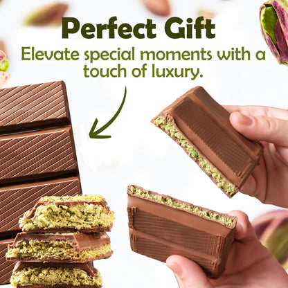 Close-up of hands holding Ceres Gourmet Viral Halloween Dubai Chocolate Bar, 75% Pistachio—7 oz, filled with premium pistachio cream. Overlay: Perfect Gift. Elevate moments with handcrafted chocolate and visible pistachio nuts behind.