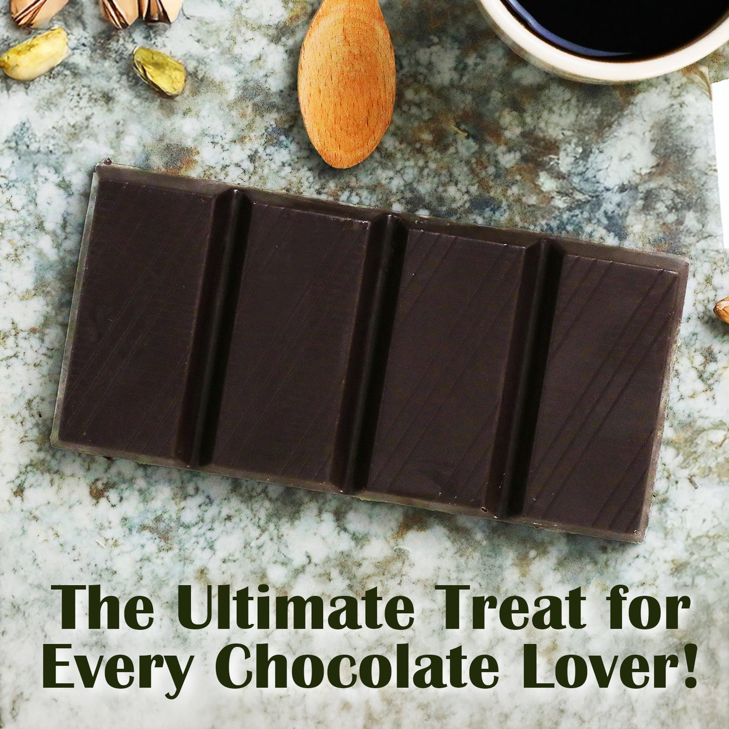 A Ceres Gourmet Viral Dubai Chocolate Bar Dark 75% Pistachio 7 oz on a marble surface, with pistachios and coffee nearby. Text reads: The Ultimate Treat for Every Chocolate Lover!.