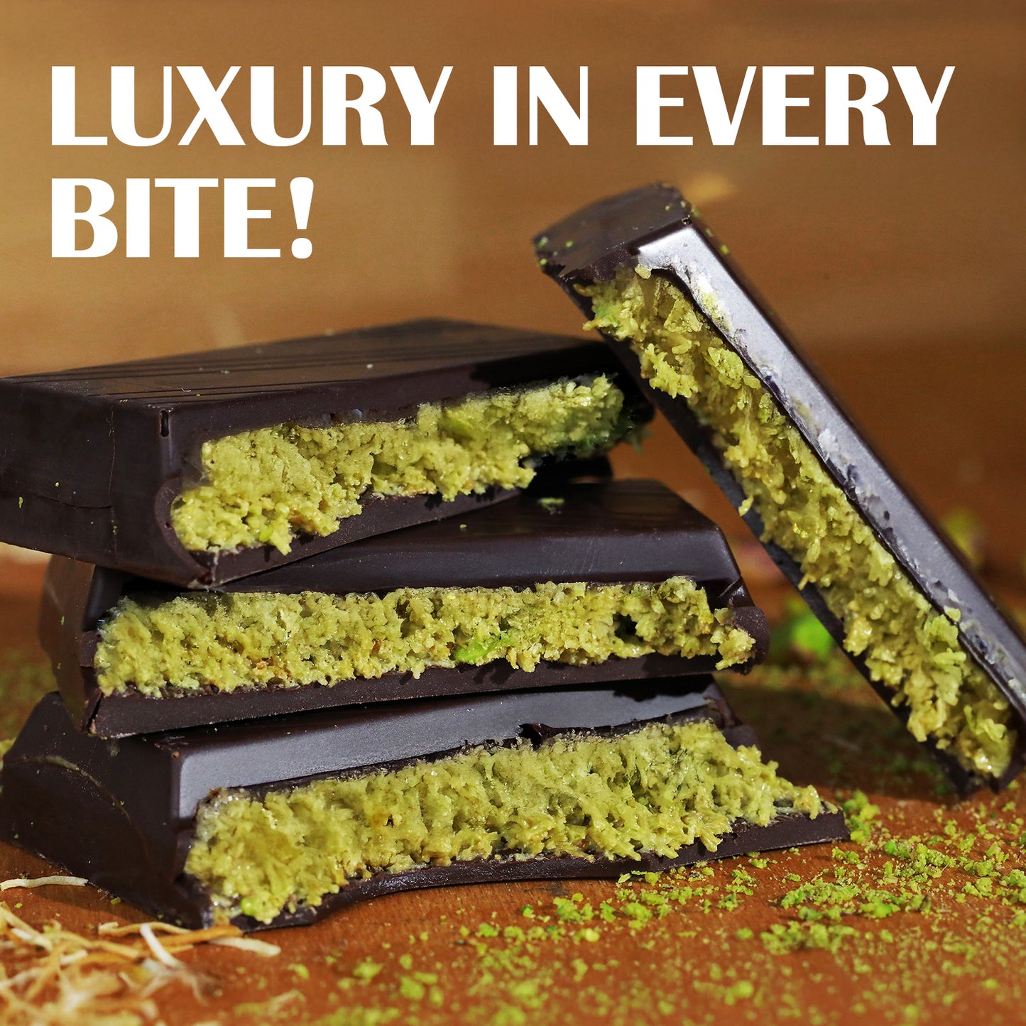 A close-up of Ceres Gourmet Viral Dubai Chocolate Bar Dark 75% Pistachio 7 oz, stacked with pistachio cream filling and crumbs. Text at the top: LUXURY IN EVERY BITE! Indulge in rich dark chocolate loaded with pistachio.