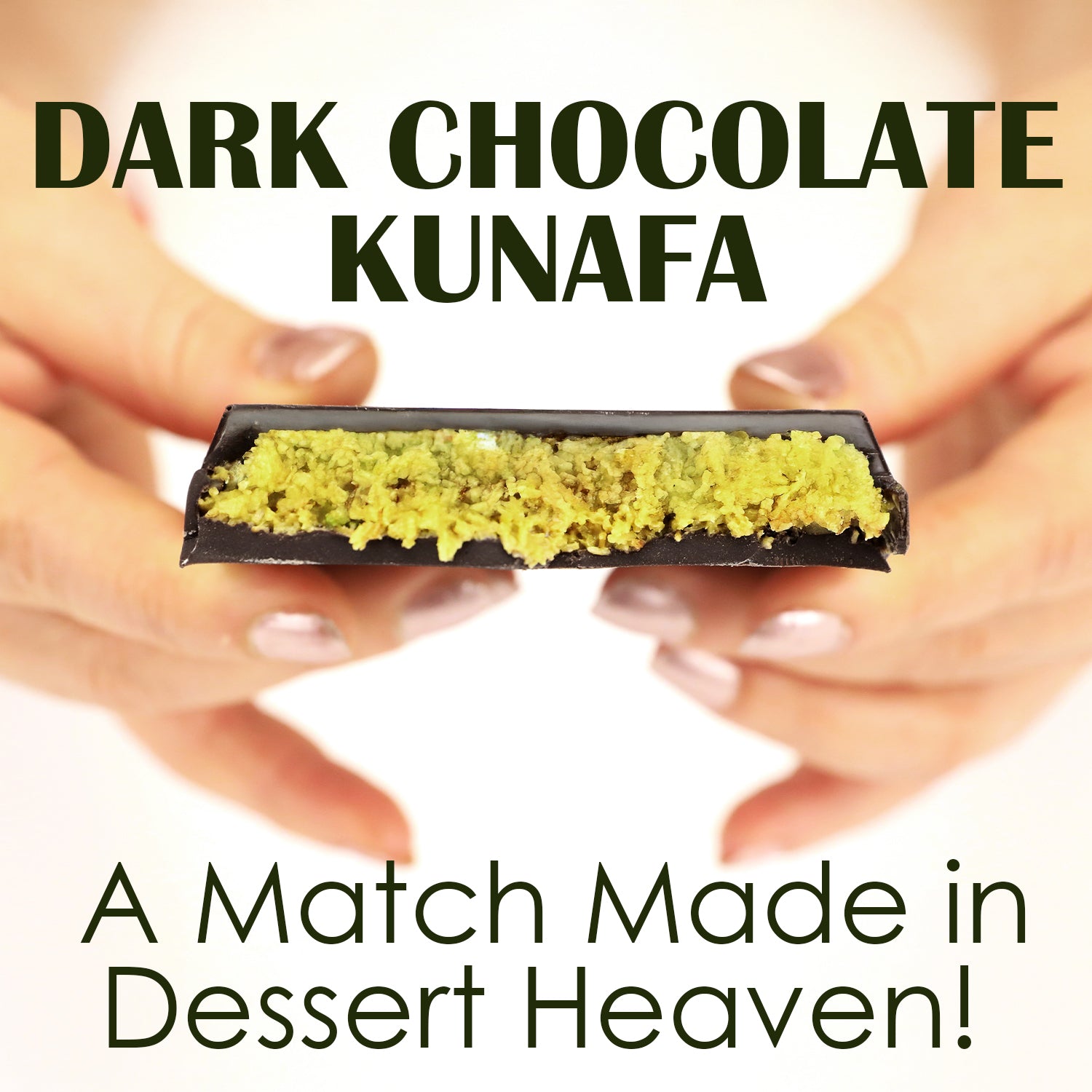 Close-up of hands holding a piece of Ceres Gourmet Viral Dubai Chocolate Bar Dark 75% Pistachio. Text above reads Pistachio Dark Chocolate Delight, and below: A Match Made in Dessert Heaven!.