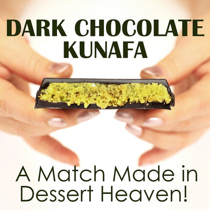 Close-up of hands holding a piece of Ceres Gourmet Viral Dubai Chocolate Bar Dark 75% Pistachio. Text above reads Pistachio Dark Chocolate Delight, and below: A Match Made in Dessert Heaven!.