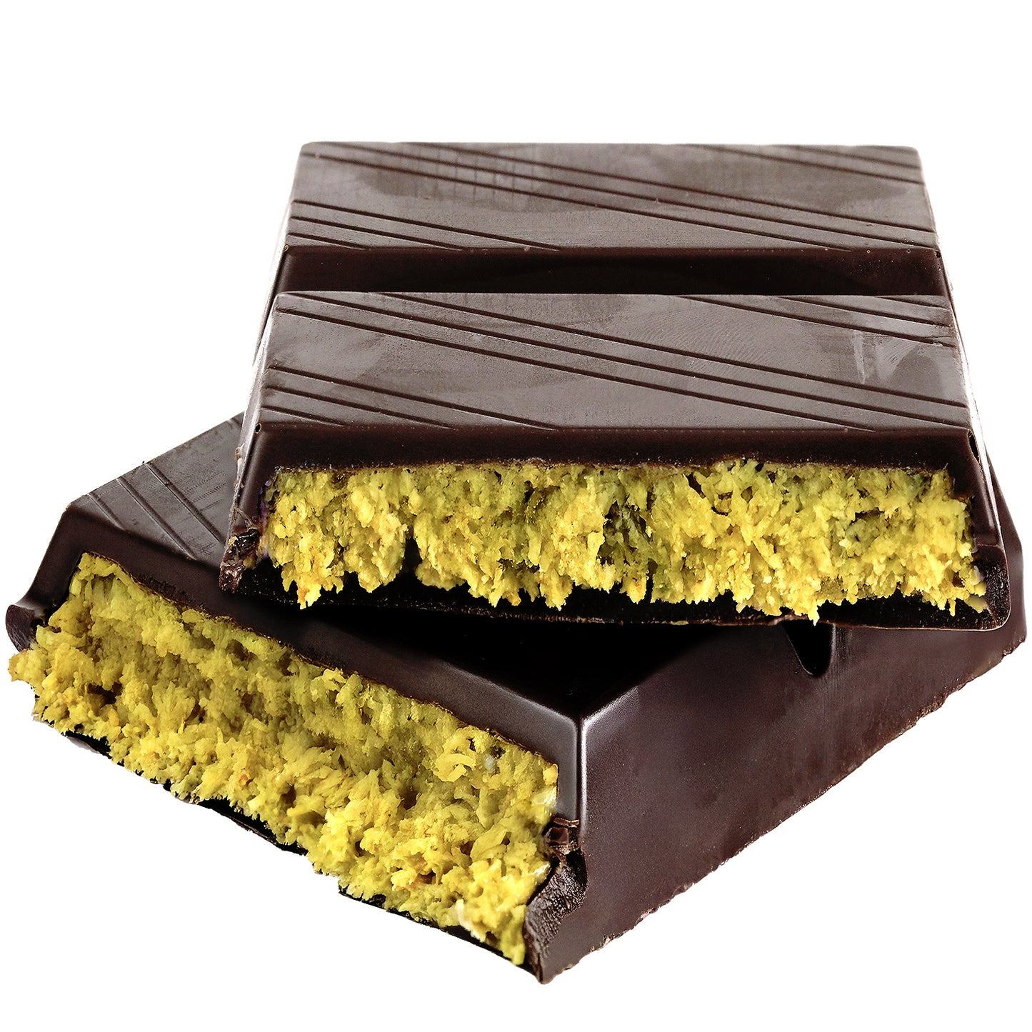 Two pieces of Ceres Gourmet Viral Dubai Chocolate Bar Dark 75% Pistachio, each with a glossy finish and parallel lines, are stacked together. Their yellow-green crunchy filling highlights the rich pistachio blend in this 7 oz gourmet bar.