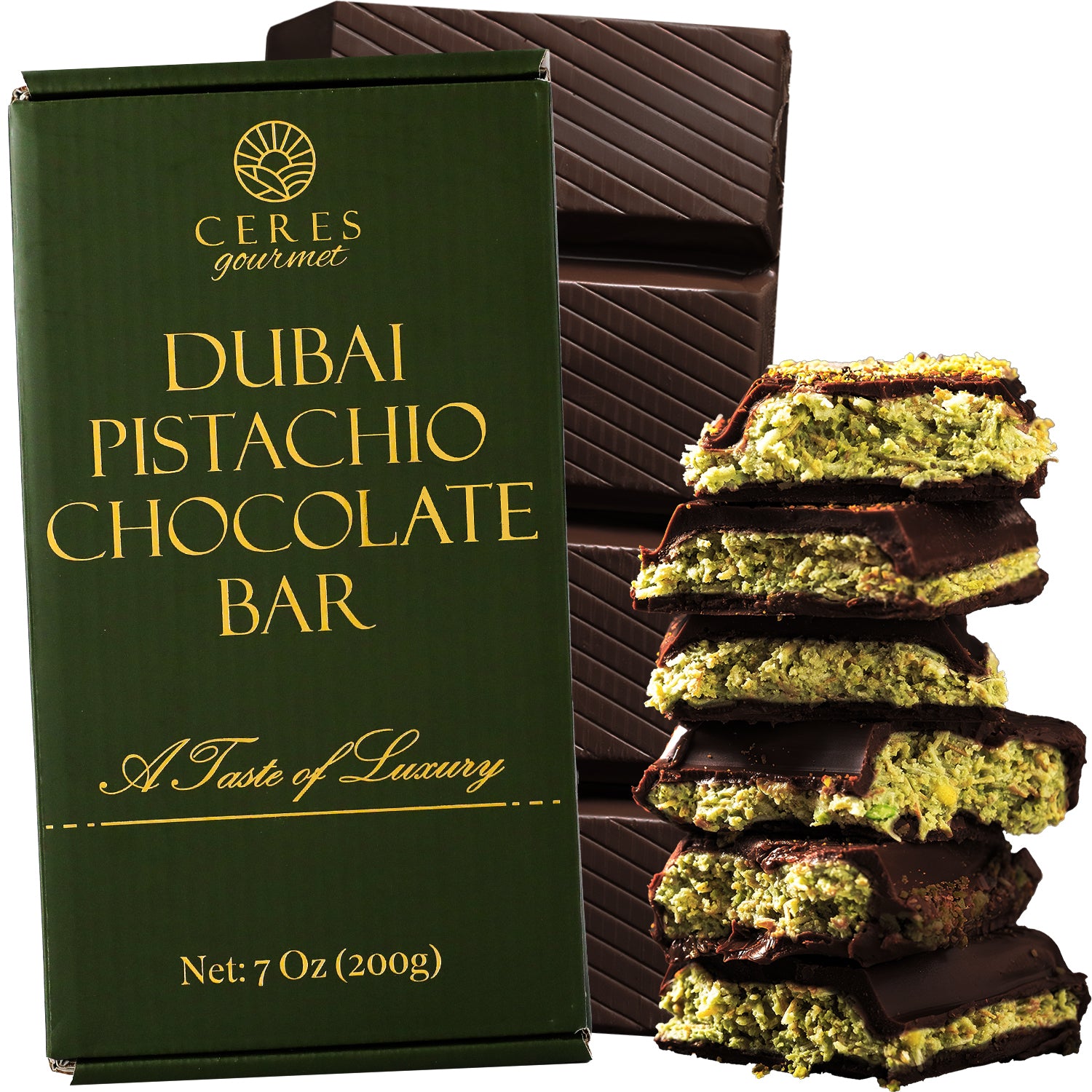 A green Ceres Gourmet Viral Dubai Chocolate Bar Dark 75% Pistachio 7 oz box sits beside stacked dark chocolate pieces with a green pistachio layer. The text reads, A Taste of Luxury. Net: 7 Oz (200g).