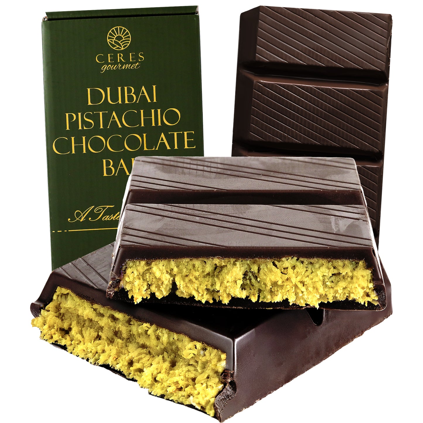 A partially unwrapped Viral Dubai Chocolate Bar Dark 75% Pistachio 7 oz by Ceres Gourmet is shown broken into pieces, with its green packaging visible.