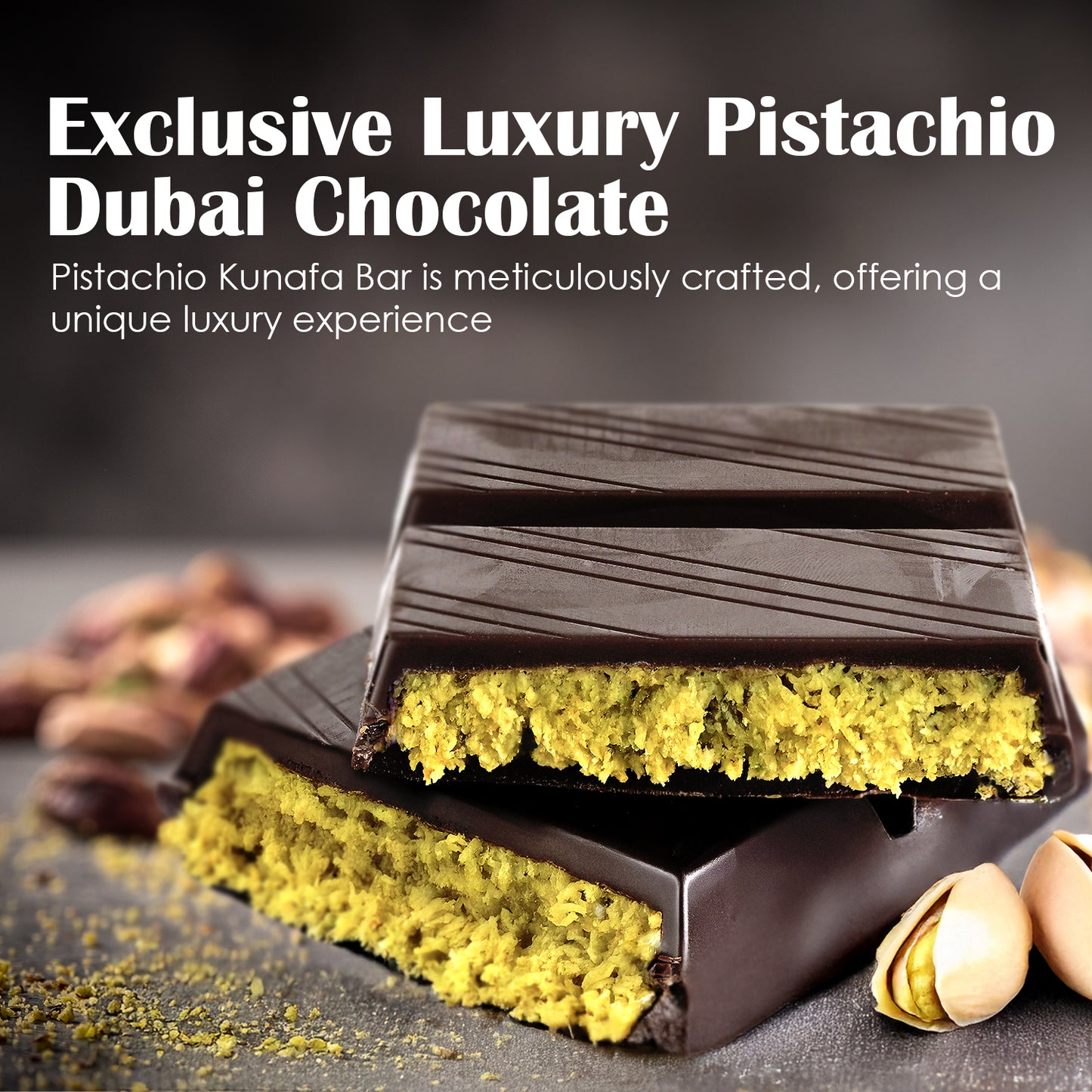 Two thick Ceres Gourmet Viral Dubai Chocolate Bar Dark 75% Pistachio (7 oz) bars are stacked, surrounded by whole pistachios. Text above calls it an Exclusive Luxury Pistachio Dubai Chocolate.