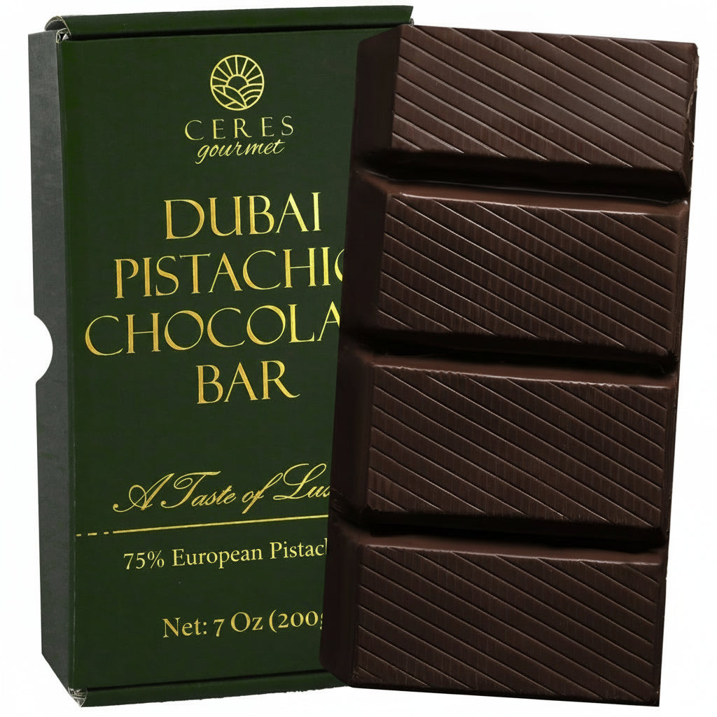 A Ceres Gourmet Viral Dubai Chocolate Bar Dark 75% Pistachio 7 oz in dark green and gold packaging is displayed beside an unwrapped, four-segment gourmet dark chocolate bar marked with diagonal lines.