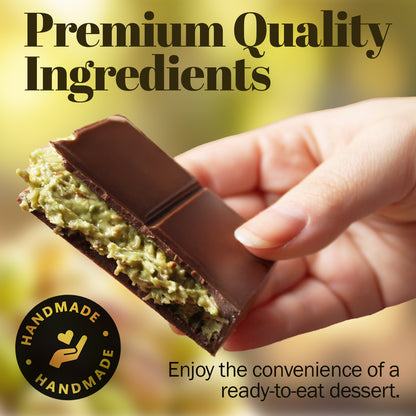 A hand holds Ceres Gourmet’s Special Viral Dubai Chocolate Pistachio Bar 7oz with rich kunafa filling. Text: Premium Quality Ingredients, Handmade, and Ready-to-Eat. Comes in an elegant box.