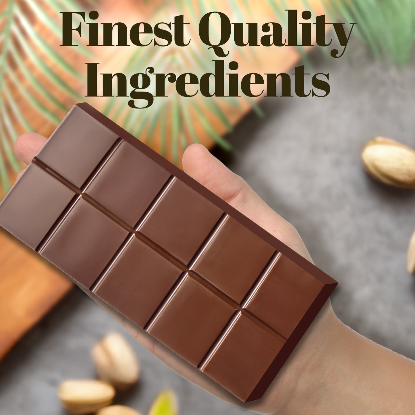 A hand holds a Ceres Gourmet Special Viral Dubai Chocolate Pistachio Bar 7oz with large squares. Blurred pistachios, a palm leaf, and “Finest Quality Ingredients” in bold appear in the background.