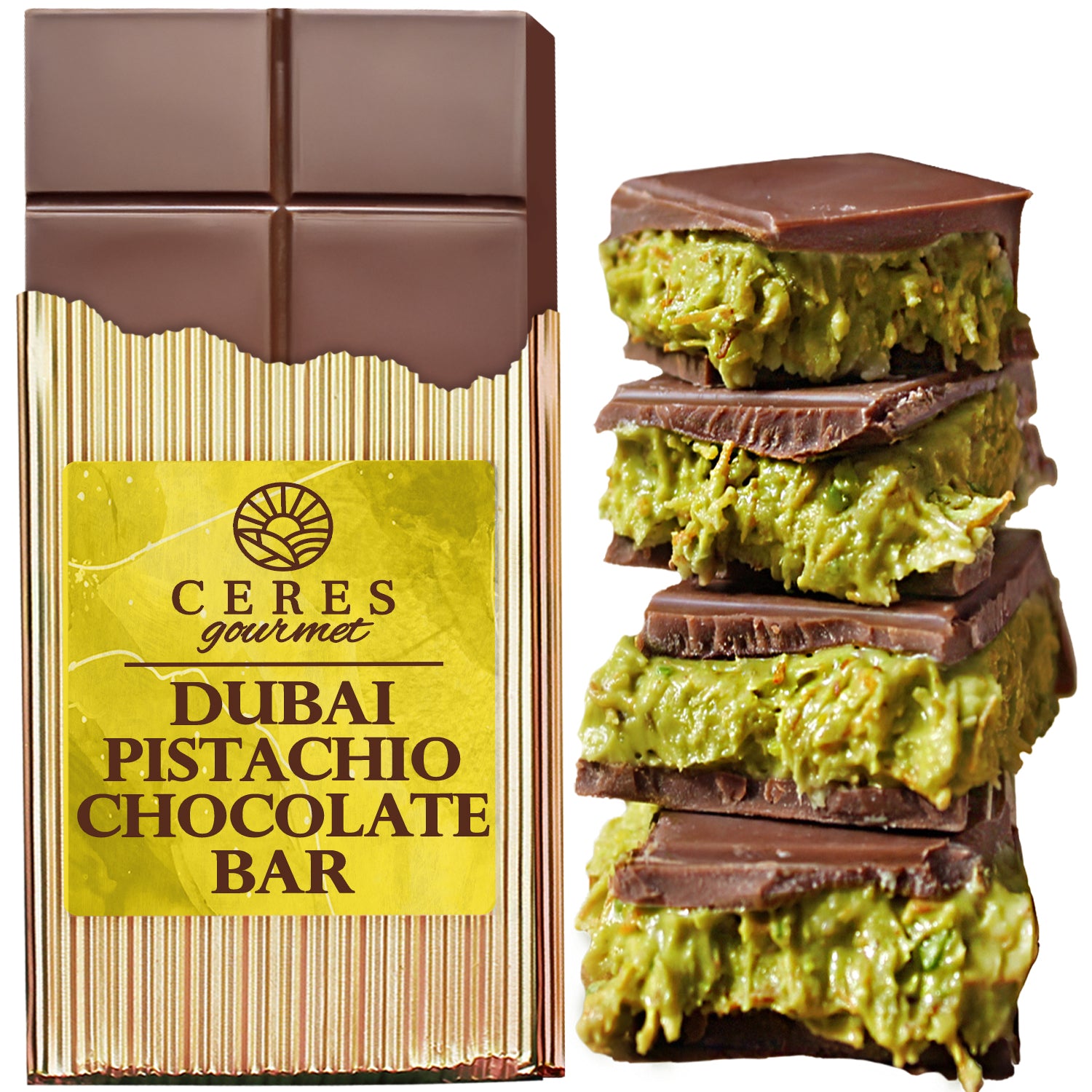 A Special Viral Dubai Chocolate Pistachio Bar 7oz with Elegant Box by Ceres Gourmet is shown whole on the left and stacked on the right, revealing a creamy green pistachio filling inside rich chocolate.