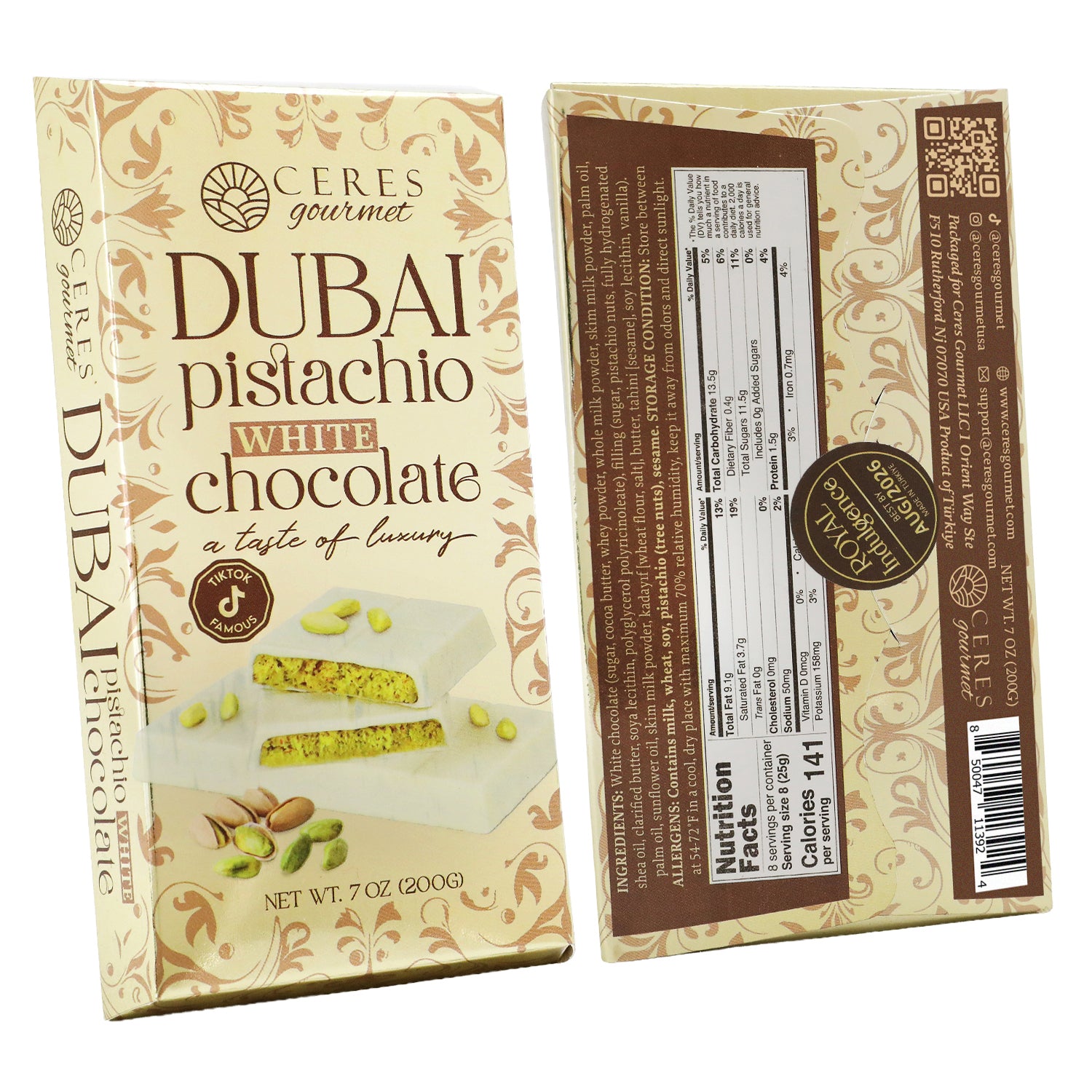 Ceres Gourmet Dubai Pistachio White Chocolate packaging with front and back views.