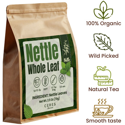 A brown package of Ceres Gourmet Whole Leaf Nettle Tea 2.5 Oz showcases icons and text for 100% organic, wild picked, natural dried nettle leaves. Brewing instructions and ingredients appear on the front.