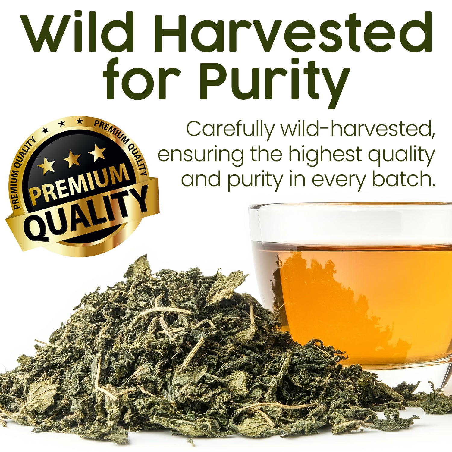 A pile of Ceres Gourmet Whole Leaf Nettle Tea 2.5 Oz, Natural Dried Nettle Leaves sits beside a clear cup of nettle tea. Text reads Wild Harvested for Purity, emphasizing premium quality and purity with a gold Premium Quality badge shown.
