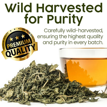 A pile of Ceres Gourmet Whole Leaf Nettle Tea 2.5 Oz, Natural Dried Nettle Leaves sits beside a clear cup of nettle tea. Text reads Wild Harvested for Purity, emphasizing premium quality and purity with a gold Premium Quality badge shown.