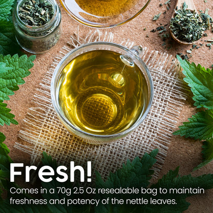 A glass cup of Ceres Gourmet Whole Leaf Nettle Tea sits on a burlap mat, with loose dried nettle leaves and fresh greens. Text: Fresh! 2.5 oz (70g) resealable bag keeps natural dried nettle leaves fresh and potent.