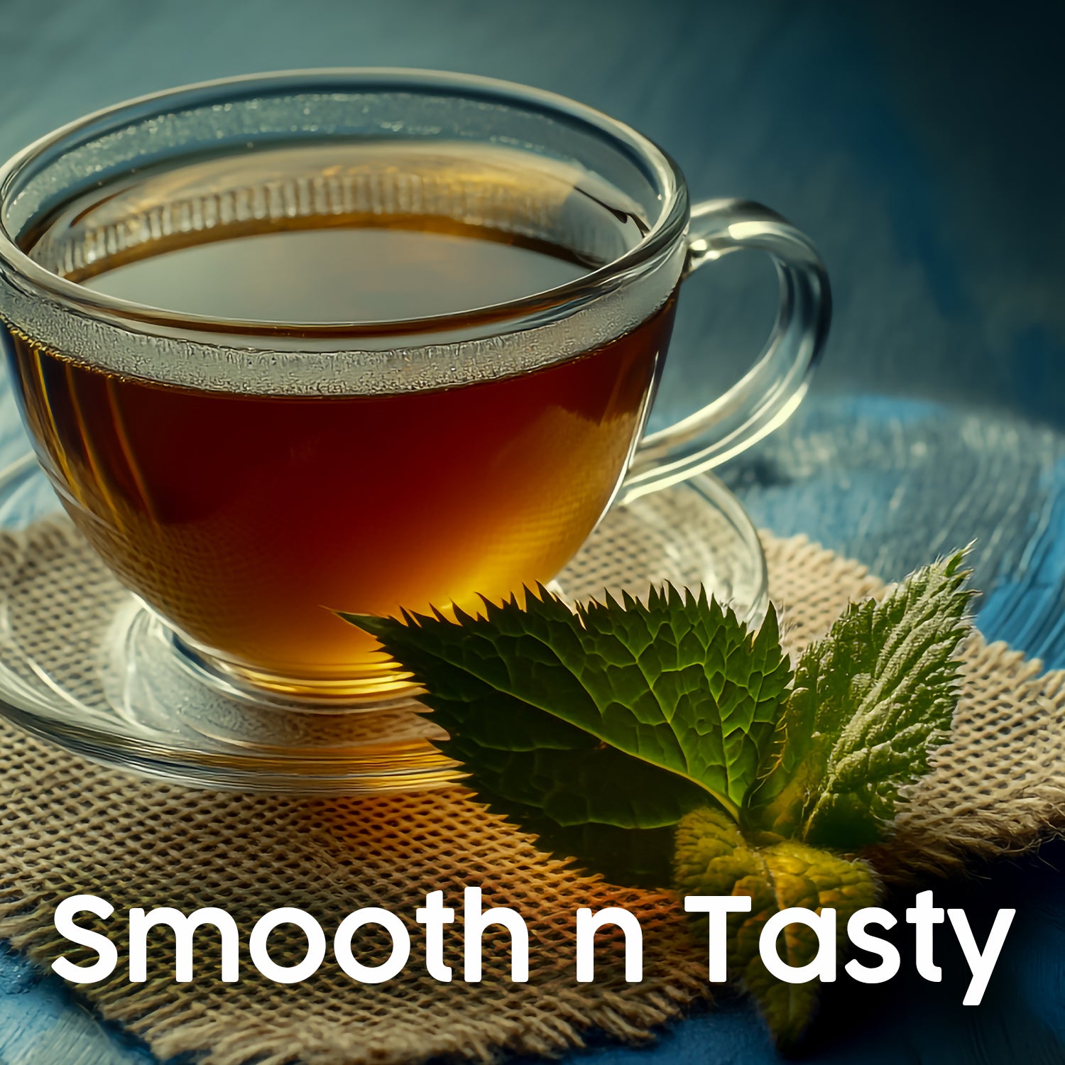 A clear glass cup of Ceres Gourmet Whole Leaf Nettle Tea 2.5 Oz sits on a burlap mat with two fresh green mint leaves beside it. Smooth n Tasty is written in bold white text at the bottom right.