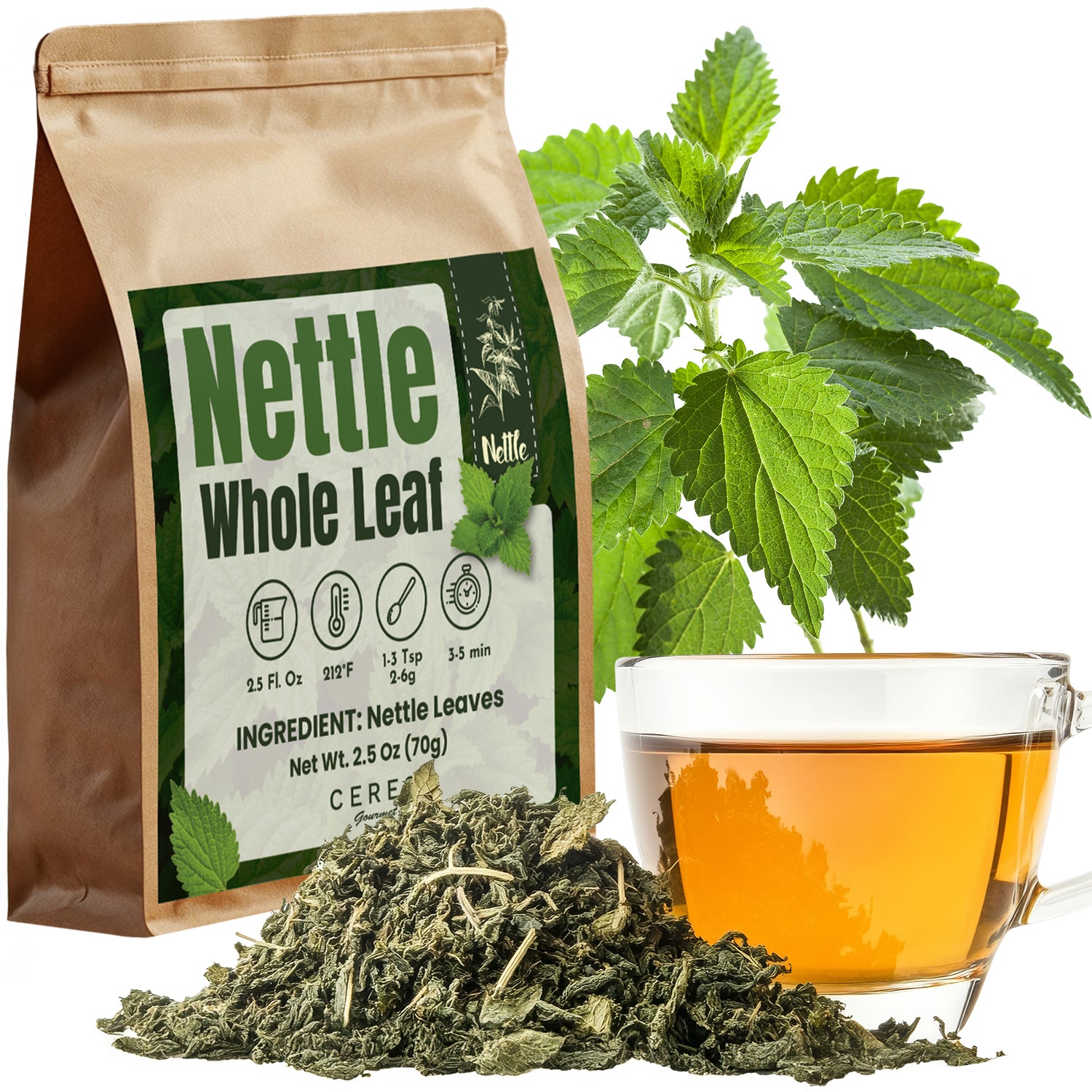 A Ceres Gourmet Whole Leaf Nettle Tea 2.5 Oz bag, a cup of stinging nettle tea, natural dried nettle leaves, and a fresh nettle plant are arranged together on a white background.