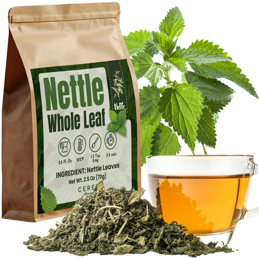 A Ceres Gourmet Whole Leaf Nettle Tea 2.5 Oz bag, a cup of stinging nettle tea, natural dried nettle leaves, and a fresh nettle plant are arranged together on a white background.