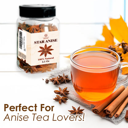 A clear Ceres Gourmet Whole Star Anise Pods 2.1 oz jar sits by orange herbal tea, with star anise and cinnamon sticks nearby amid yellow autumn leaves. Ideal for baking, cooking, or making fragrant anise tea!.