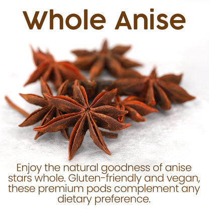 Whole Star Anise Pods by Ceres Gourmet (2.1 oz) are scattered on a white surface, with bold text above reading Whole Star Anise and below describing their use for baking, cooking, anise tea, and their gluten-friendly, vegan qualities.