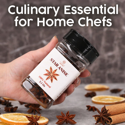 A hand holds a resealable jar of Ceres Gourmet Whole Star Anise Pods – 2.1 oz, set above a gray surface with dried orange slices, cinnamon sticks, and star anise. Culinary essential for home chefs—perfect for baking, cooking, tea & creative recipes.