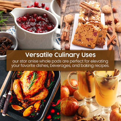 A collage displays Ceres Gourmet Whole Star Anise Pods (2.1 oz) in cranberry sauce, cake, roasted chicken, and apple cider—highlighting their versatility for baking spices, cooking, anise tea, and more. Text: Versatile Culinary Uses.