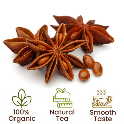 Whole Star Anise pods by Ceres Gourmet (2.1 oz) are arranged on a white background above icons and text: 100% Organic, Natural Tea, Smooth Taste—perfect for baking, cooking, anise tea and more.