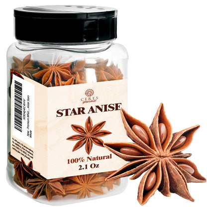 A clear jar with a black lid holds Ceres Gourmet Whole Star Anise Pods, 2.1 oz—ideal for baking spices, cooking, or anise tea. The label highlights the product’s natural quality and versatility in your kitchen.