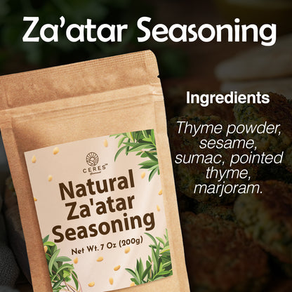 A brown pouch of Ceres Gourmet Zaatar Seasoning 7 Oz, a Mediterranean spice blend with thyme powder, sesame, sumac, pointed thyme, and marjoram, sits on a dark surface. Green leaves accent the label.