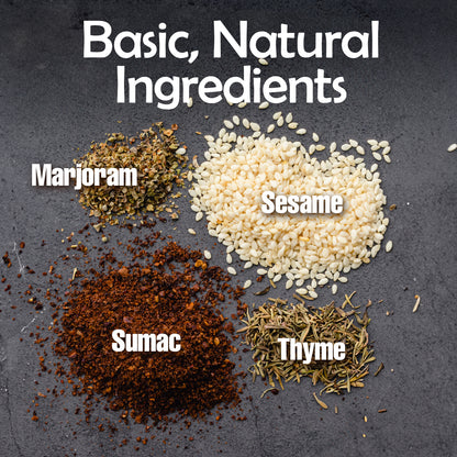 Four piles of marjoram, sesame, sumac, and thyme sit on a dark surface beneath “Basic, Natural Ingredients,” showcasing Ceres Gourmet Zaatar Seasoning 7 Oz—a Mediterranean spice blend with authentic flavors.